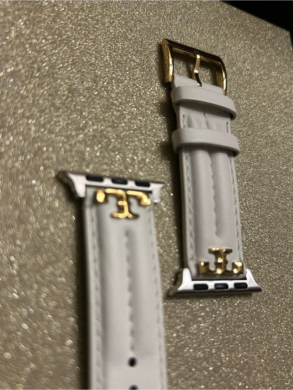 Tory Burch Ivory Leather Apple Watch Band with Gold Logo Hardware